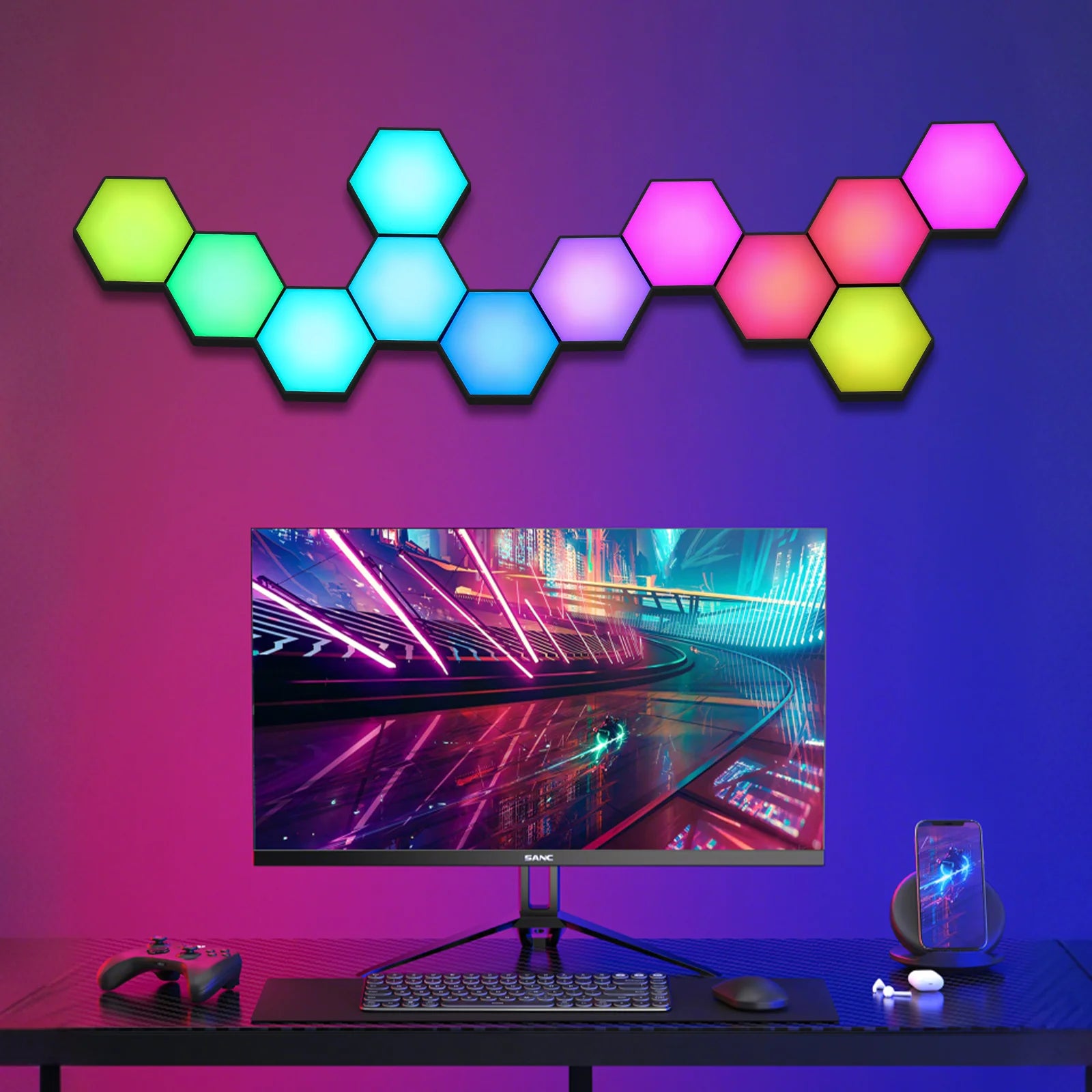 Hexagon Light Panels,Music Sync RGB Hexagon LED Lights Gaming Lights with APP & Remote Control for Home Decor Gaming