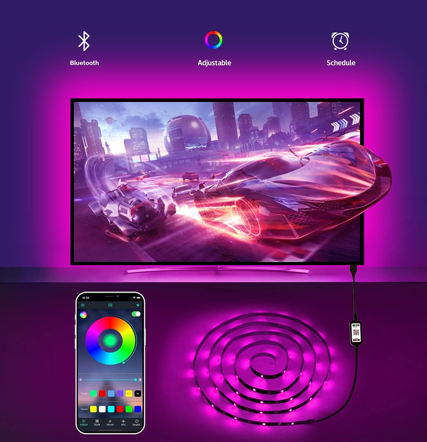 LED Lights for TV Led Backlight TV Led Lights USB Powered TV Lights 9.84Ft Led TV Backlight Sync with Music Bluetooth APP Control Led Strip Lights for Bedroom Gaming Bookcase