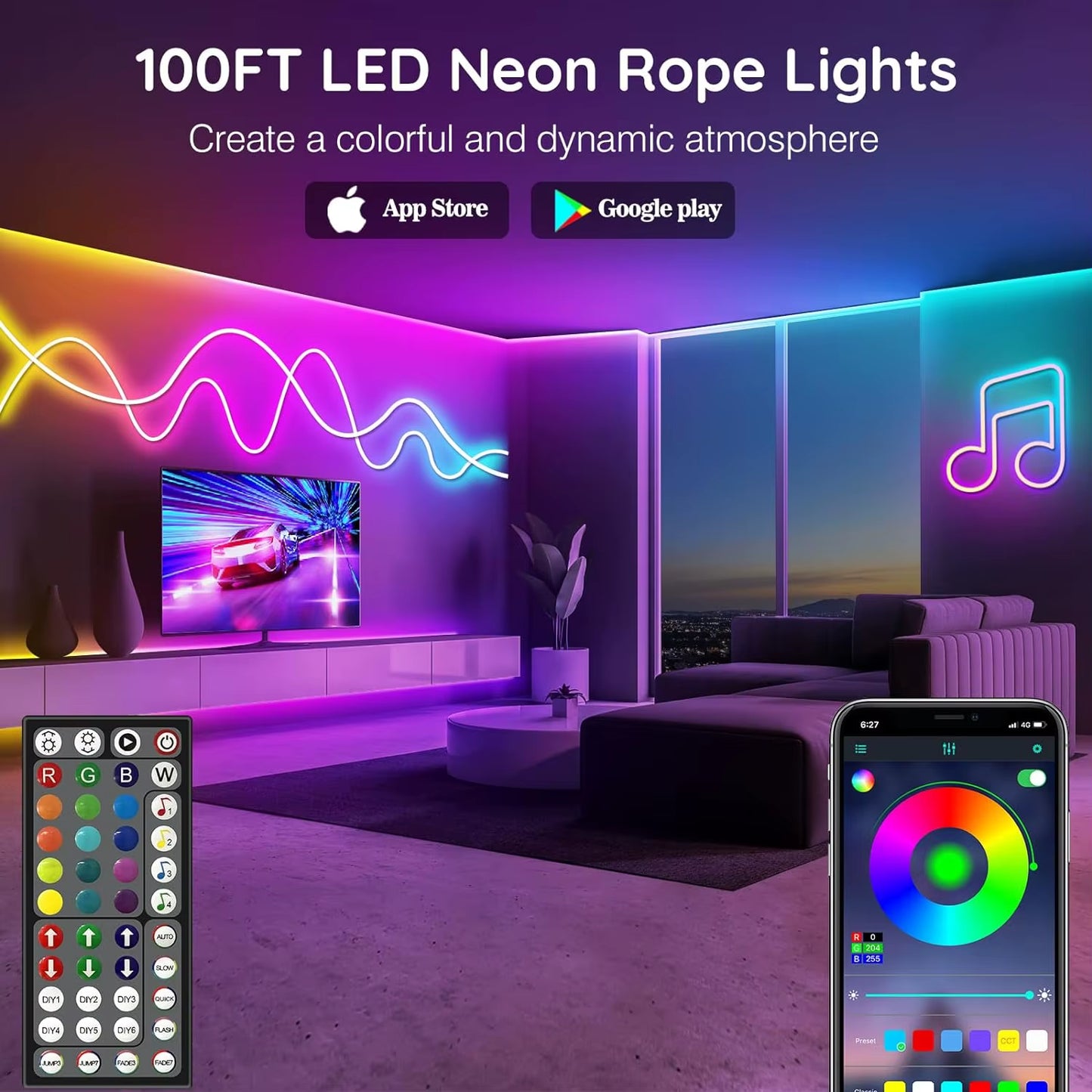 30M/20M  RGB Neon Light Strip with APP &Remote, Color Change Waterproof Music Sync Mode for Bedroom Room Outdoors Decro